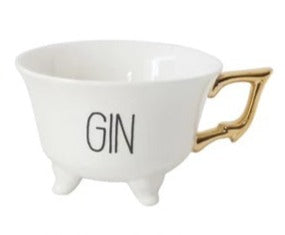 Saying Teacups | White teacup with black text "Gin", and a gold handle.