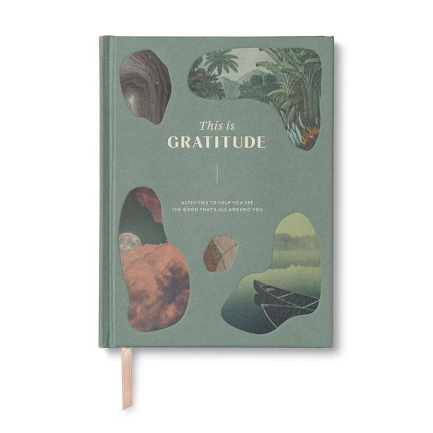 This Is Gratitude: Activities to help you see the good that's all around you |  A green cover with cutouts revealing images of the sky, outer space, a jungle, and a boat on a lake.