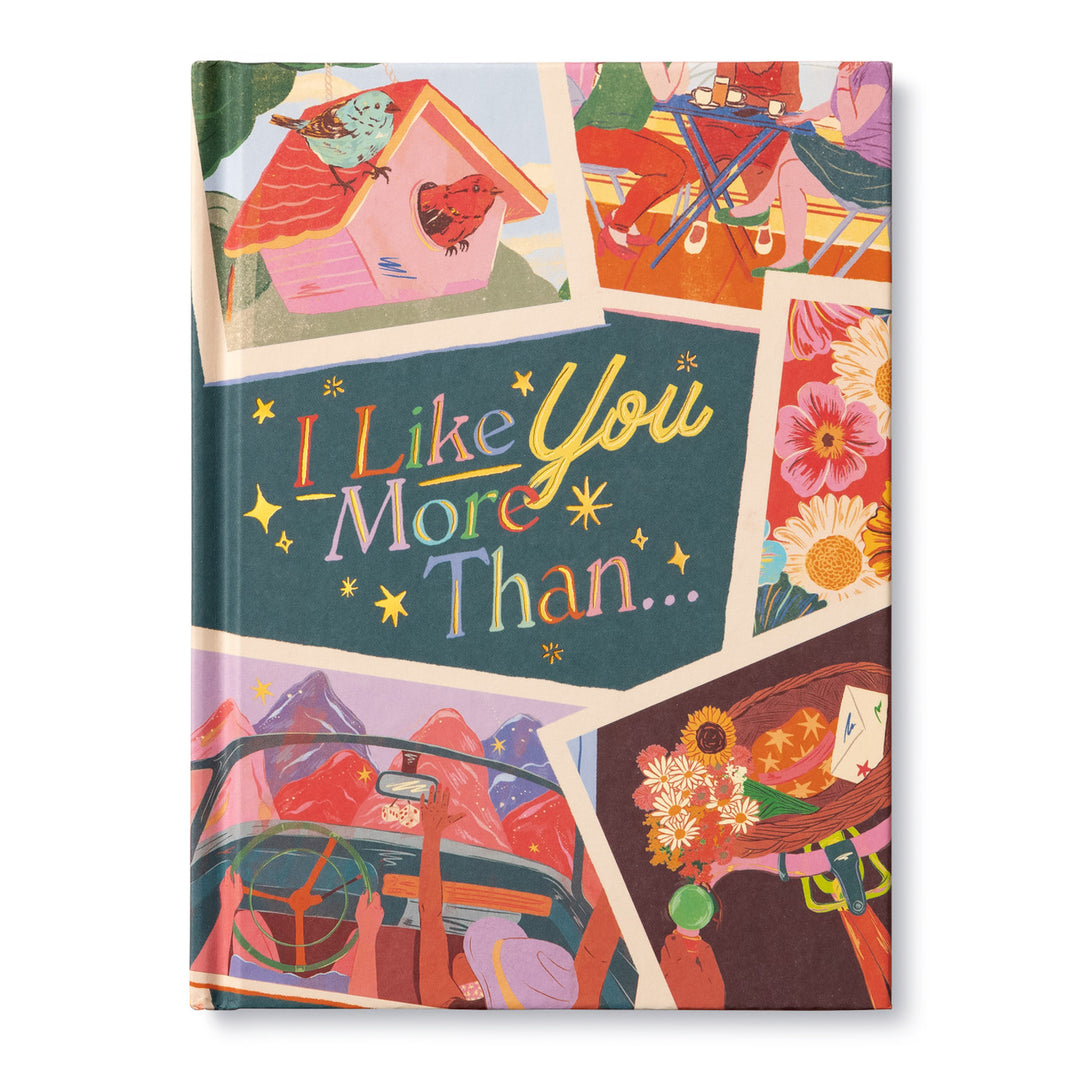 I Like You More Than... | An illustrated cover with teal, pink, yellow, and orange snap shots of life.