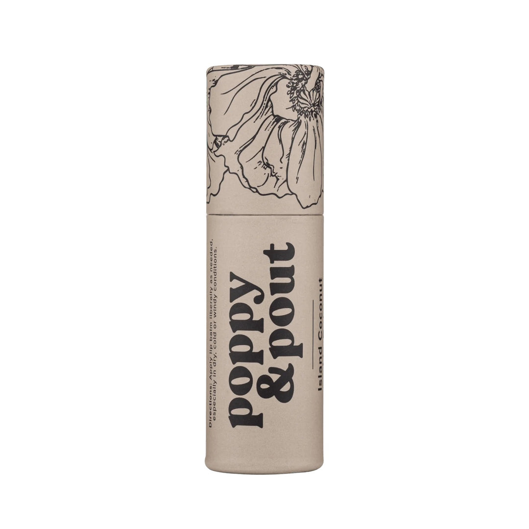 Poppy and Pout Lip Balm | Island Coconut lip balm in an ecofriendly container. Package is light gray with a floral design on the lid.