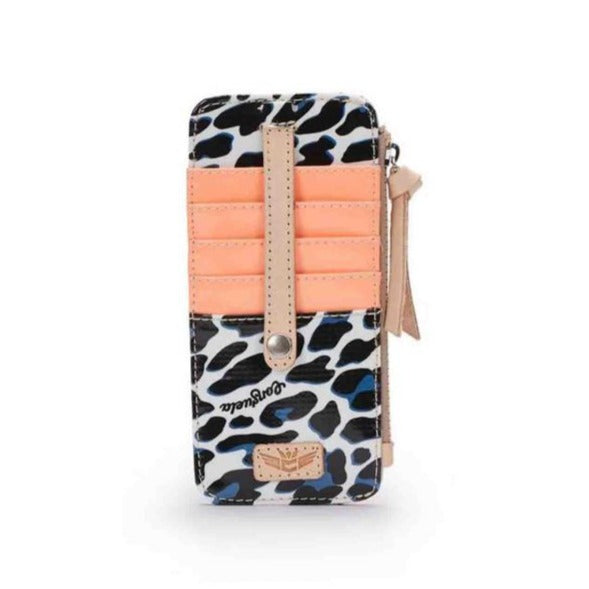 Card Organizers | Consuela | A blue/black leopard print card organizer with nude accents and peach covered card slots.