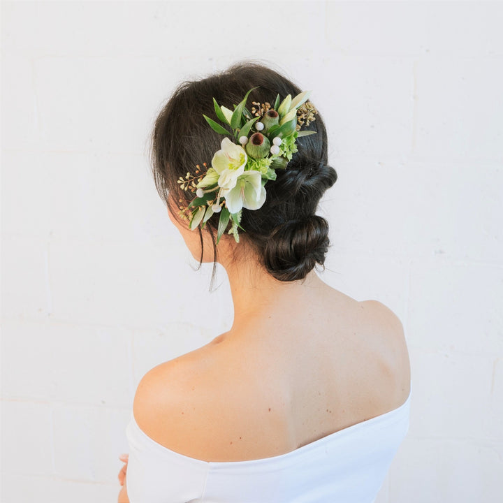 whites and green floral hair comb Rochester NY wedding florist