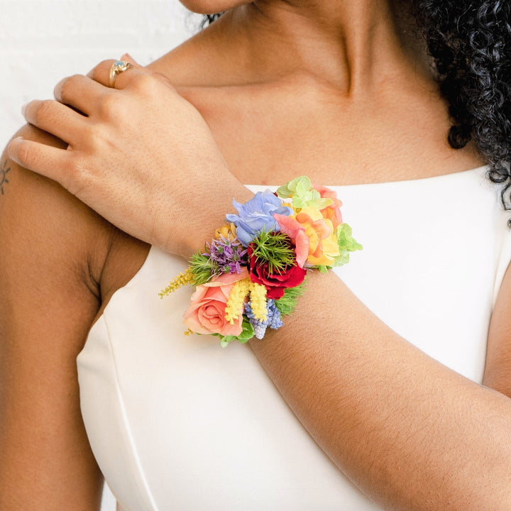 Rainbow wrist corsage florist Rochester NY