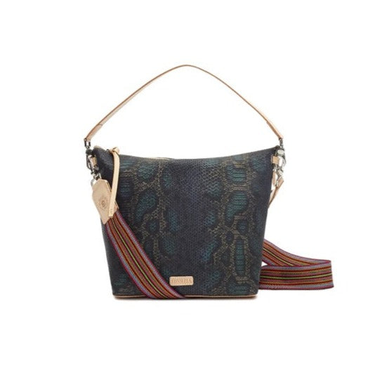 Rattler Hobo | Consuela | A rattle snake patterned bag with Diego leather accents/handle and multicolor crossbody strap.