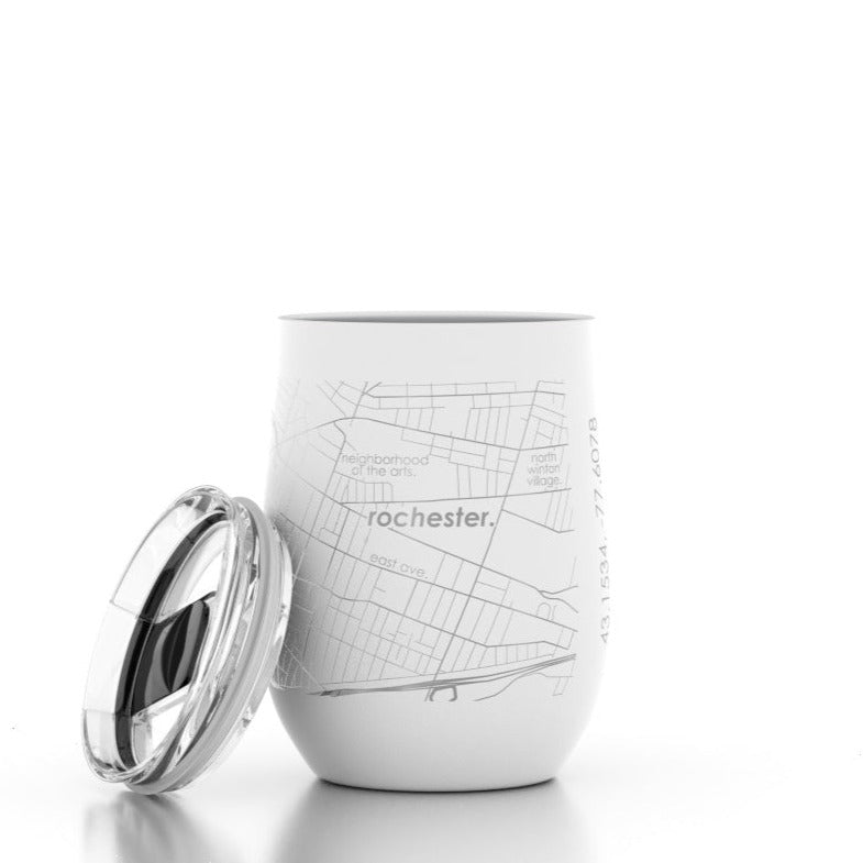 Rochester NY Insulated Wine Tumbler | A white tumbler with the street map of Rochester NY in silver. Lid is off and resting on the side.