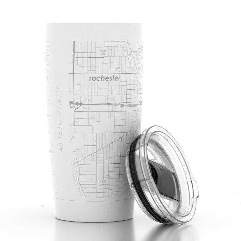 Rochester NY Insulated Tumbler | A white tumbler with the map of the city of Rochester in gray lines. Lid is off and resting on the side of the cup.