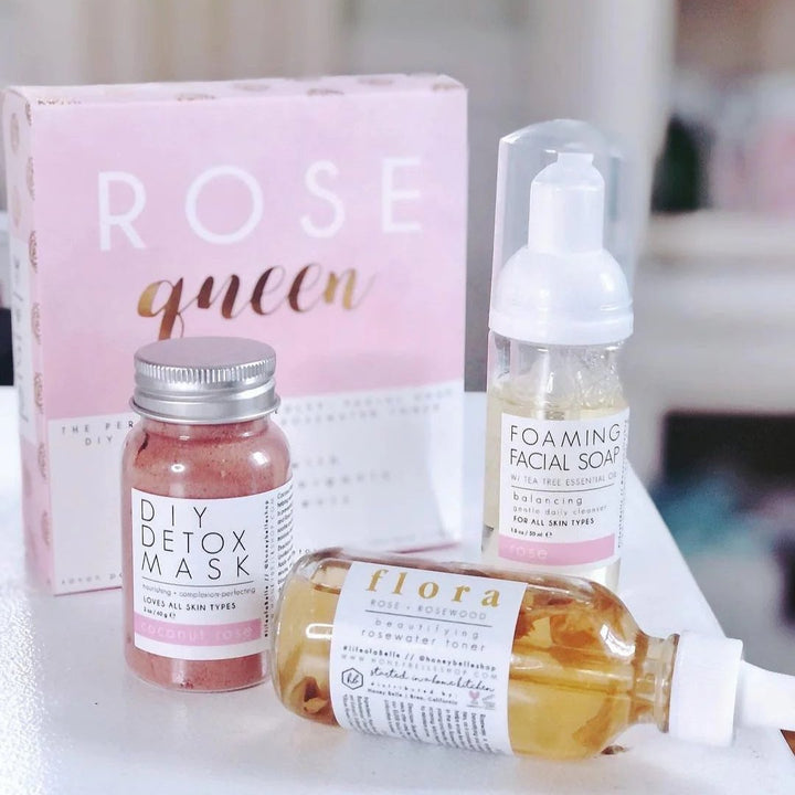 Rose Queen Kit | Honey Belle | Image of the box with contents set on the table in front. DIY Detox Mask, Foaming Facial Soap, and Beautifying rosewater toner.