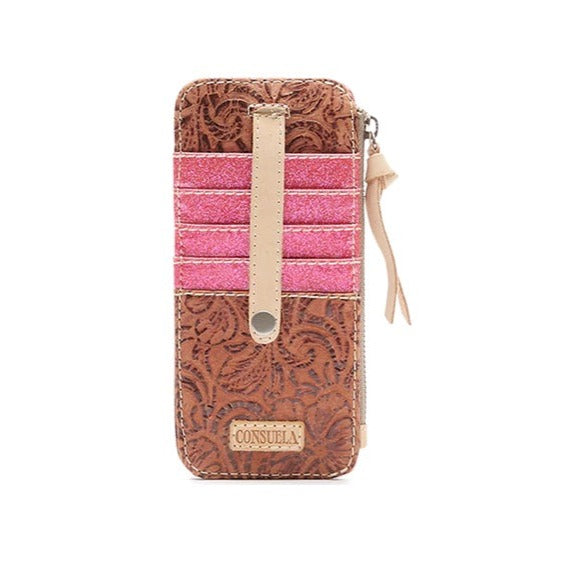 Sally Card Organizer | A brown leather card holder with a rustic pattern and sparkly pink card slots. Accented with Diego leather and a small "Consuela" tab at the bottom.