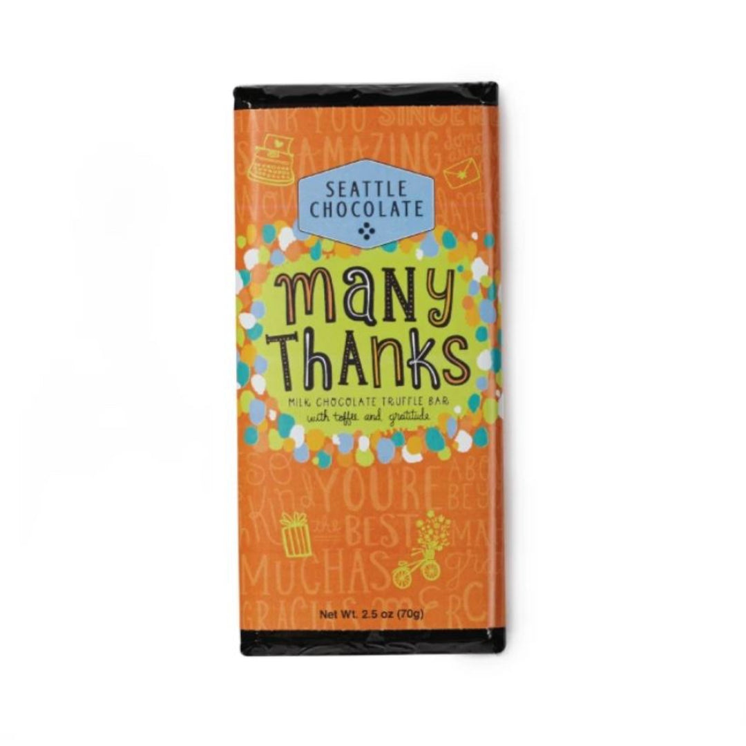 Seattle chocolate bar - Many Thanks - Milk chocolate bar with toffee and gratititude. Orange packaging with black edges.