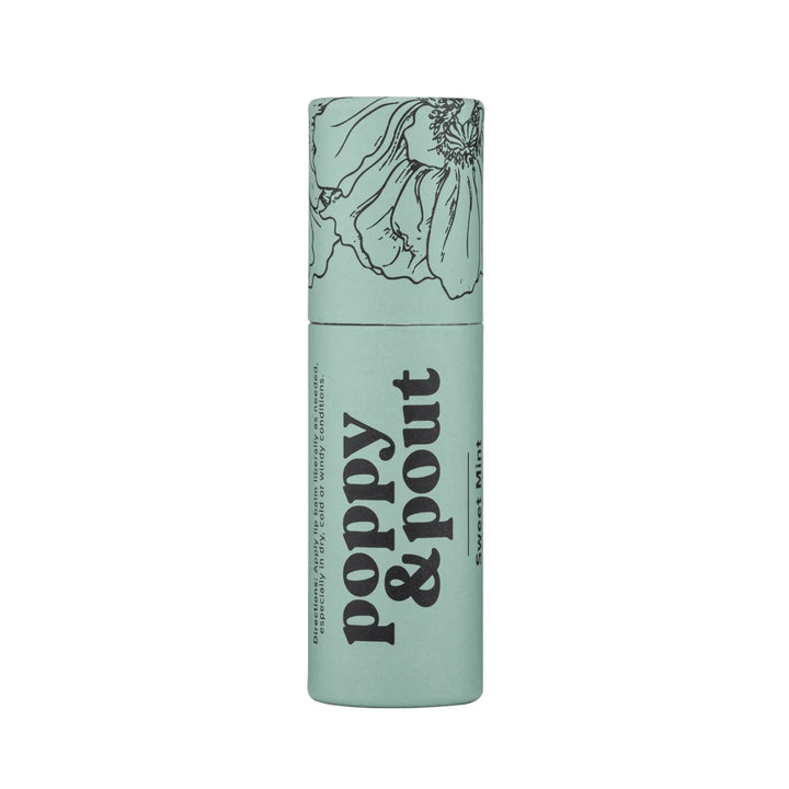 Poppy and Pout Lip Balm | Sweet Mint lip balm in an ecofriendly container. Package is green/blue with a floral design on the lid.
