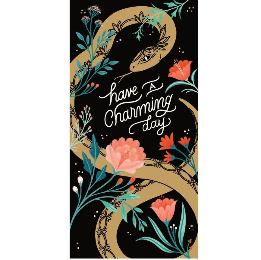 Charming - A beautifully designed card with a gold snake and flowers. Text reads "have A Charming day" in cursive.