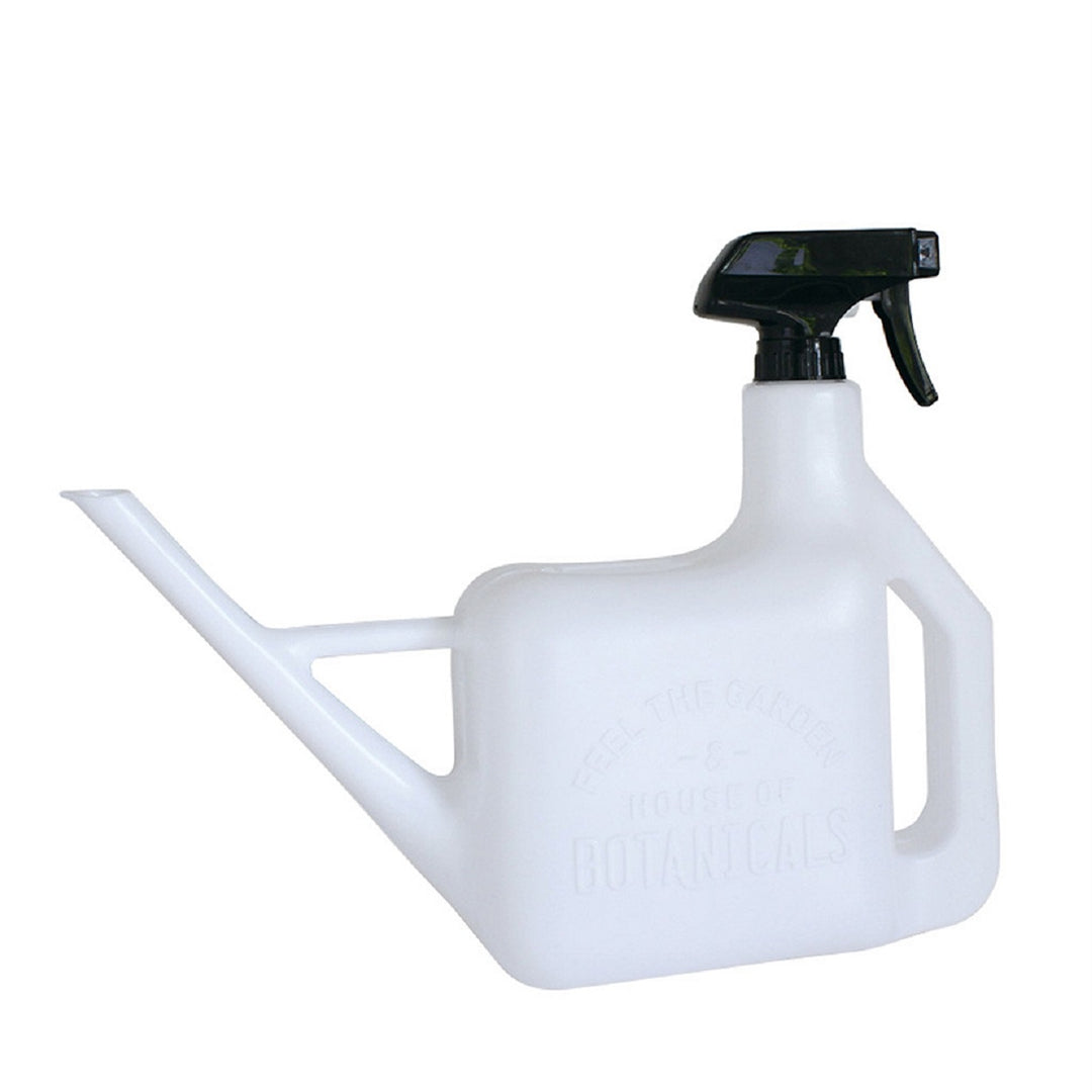 Spray Sprinkler Watering Can | White watering can with pour nozzle on one side and spray nozzle on the handle side. Can reads "Feel the Garden & House of Botanicals".
