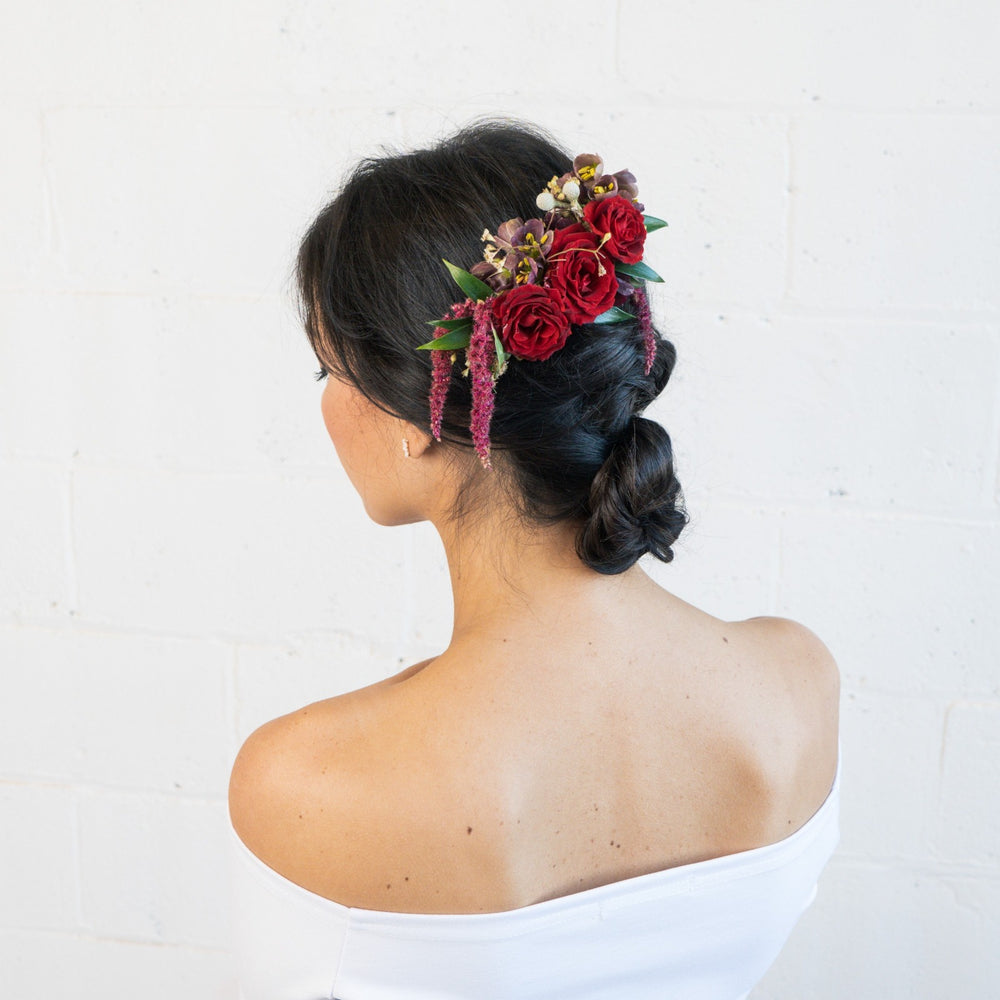 Dark and moody hair comb Rochester Wedding Florist