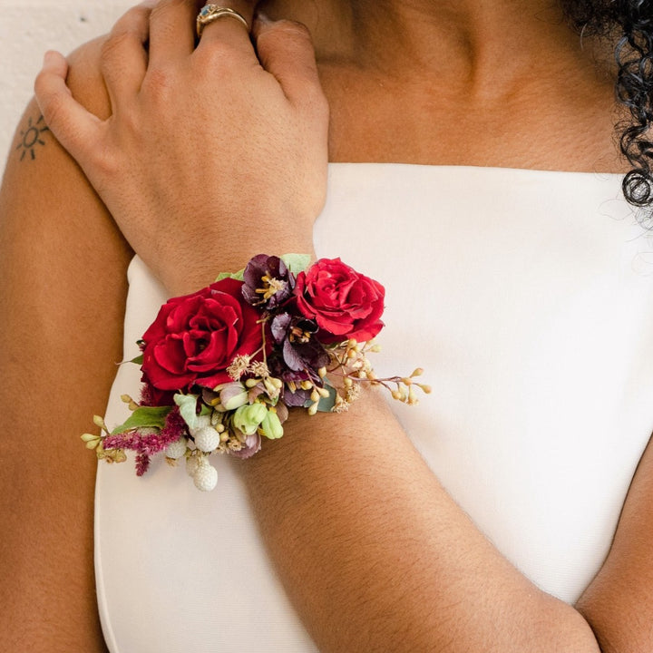 reds and burgundy corsage wedding florist Rochester NY