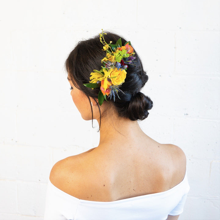 Rainbow color floral hair comb Rochester NY Wedding Florist