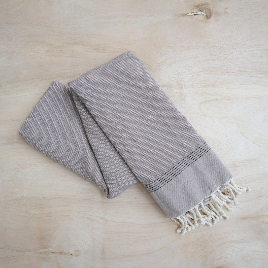 Turkish Scarves | Large warm brown/gray scarf. Can be used as a scarf, towel, or throw blanket! warm brown scarf with cream tassels and five black stripes.