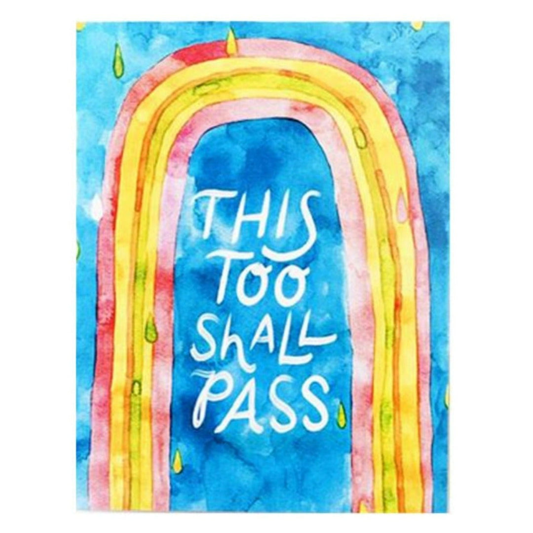 This Too Shall Pass | Watercolor paint design with blue background, rainbow, and raindrops. blank inside
