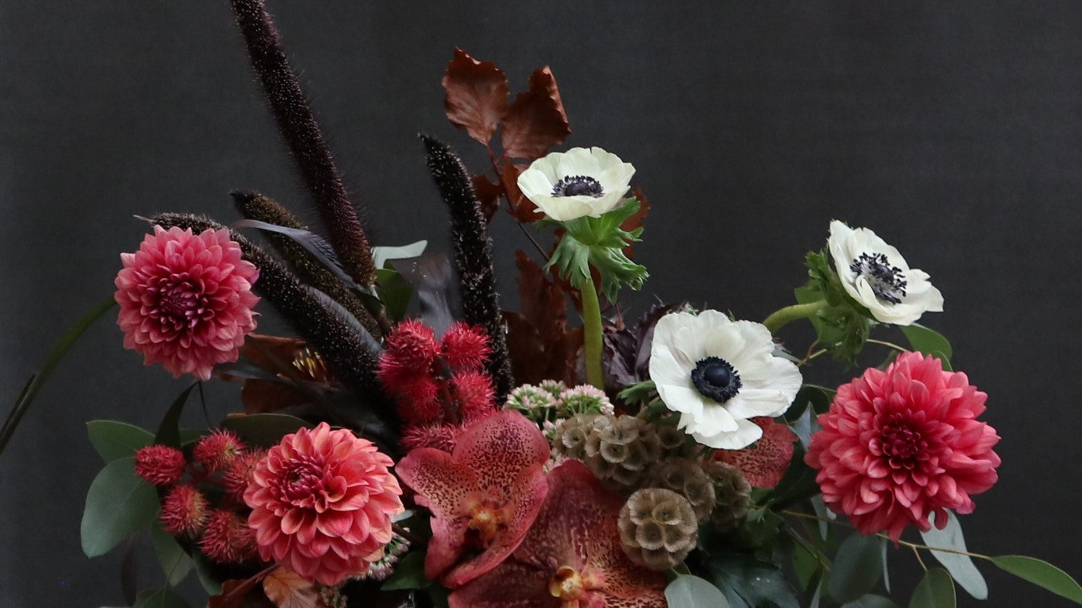 Thanksgiving centerpiece with anemones and dahlias