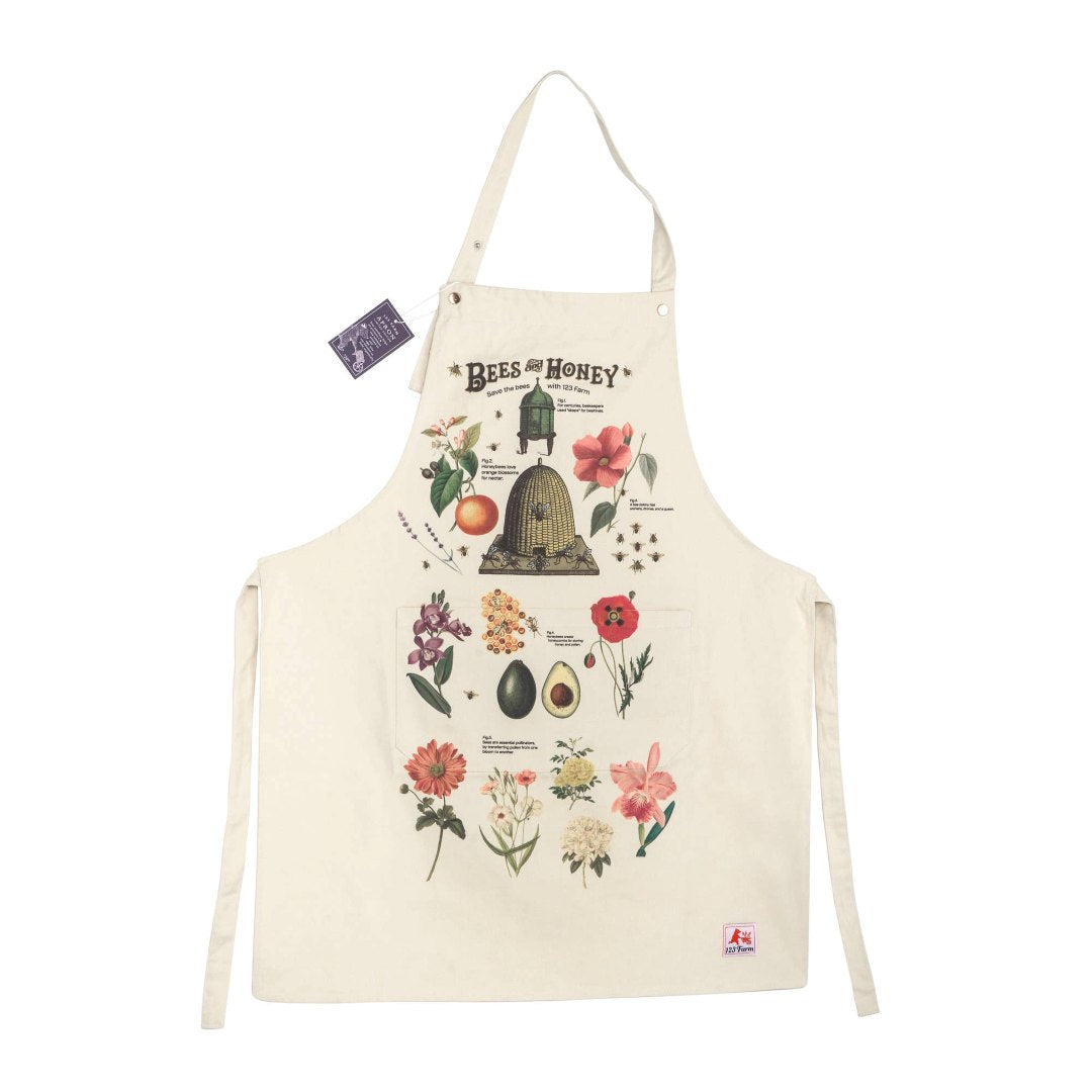 123 Farm | Bees and Honey apron with floral and bee design on a white background