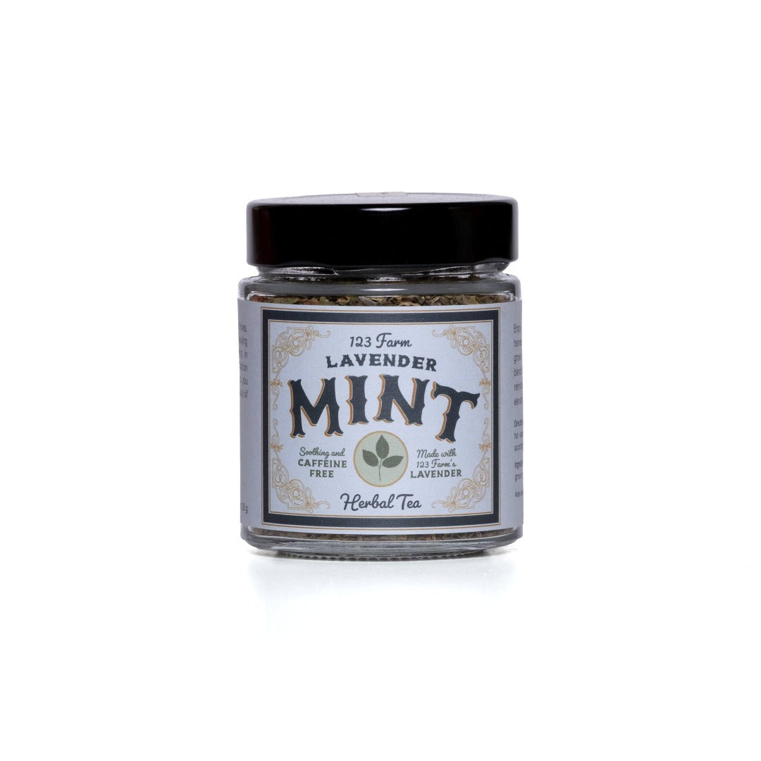123 Farm | Jar of lavender mint herbal tea with a label on a white background