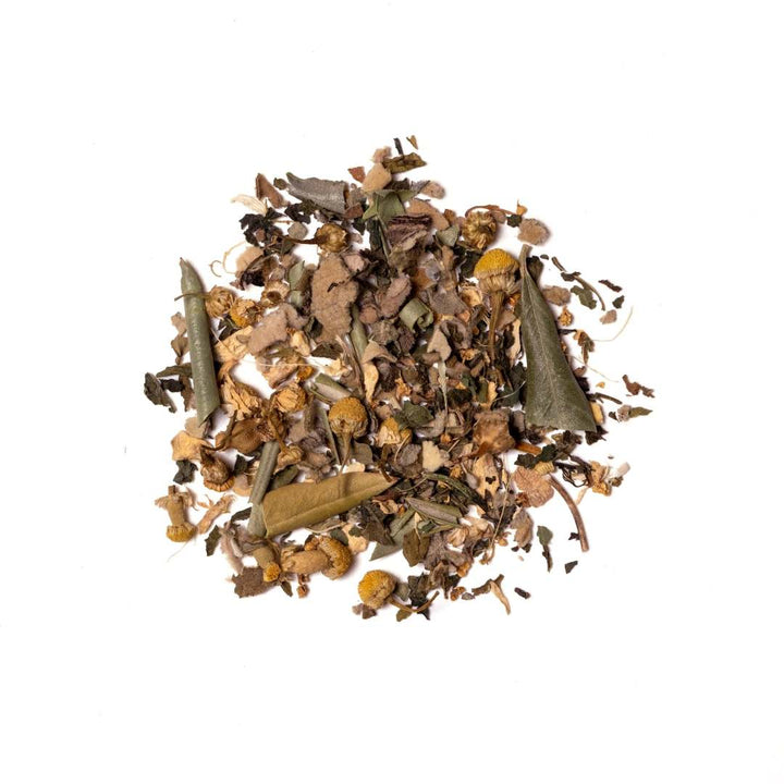 123 Farm | Olive Leaf Tea | Heap of dried herbs and leaves on a white background