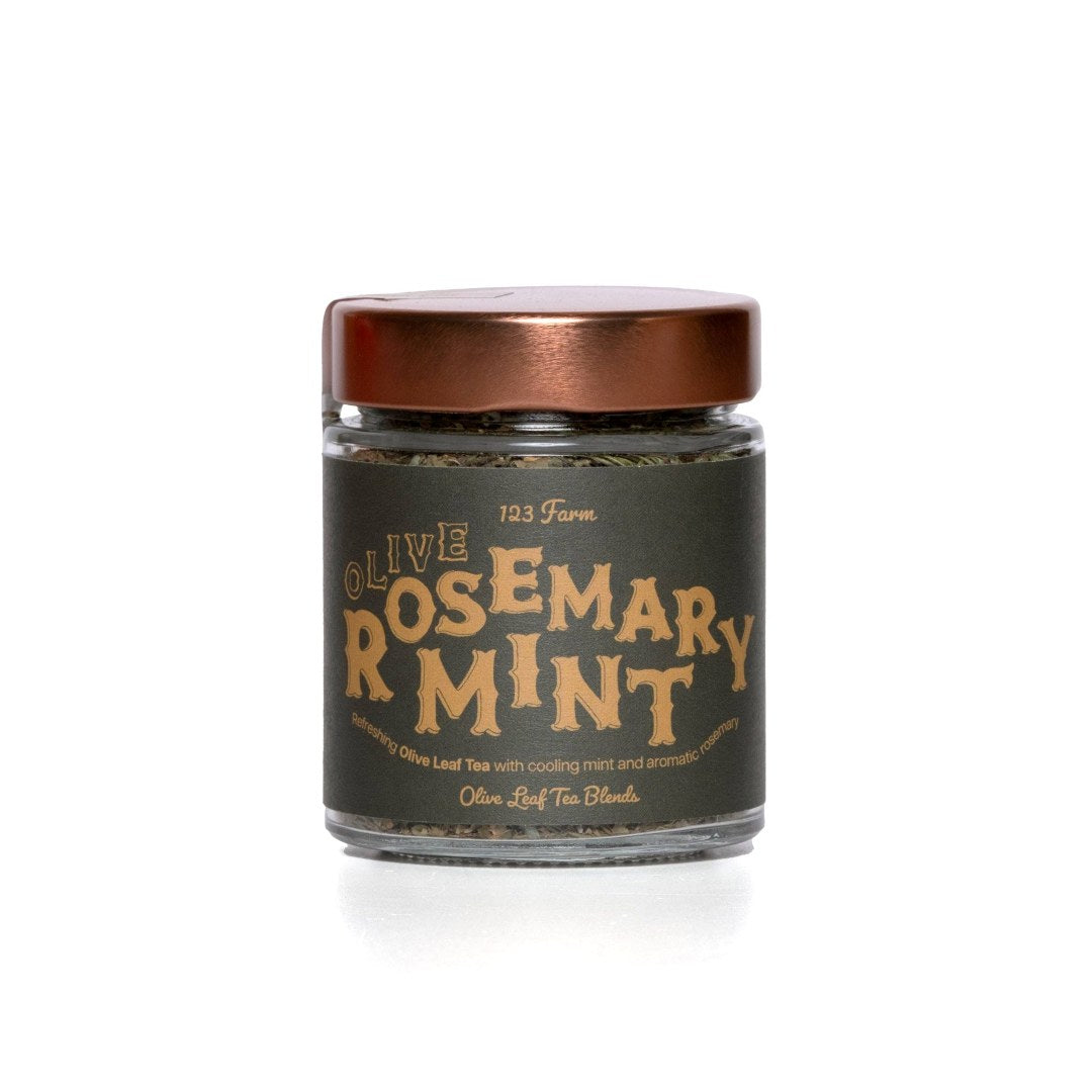 123 Farm | Jar of olive rosemary mint tea on a white background