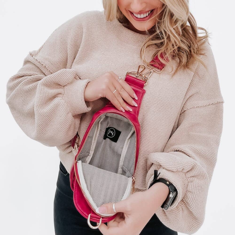 Model displaying open bag featuring a large interior pocket.