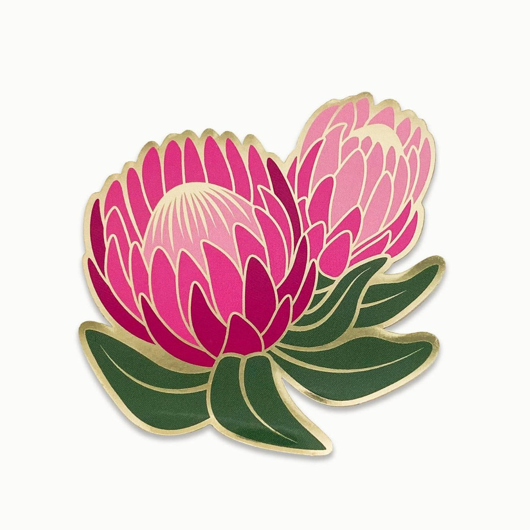 Paper Anchor Co.| Ofelia Protea Sticker | Luxe Metallic Gold Sticker | A gold metallic sticker with a pink protea with green leaves.