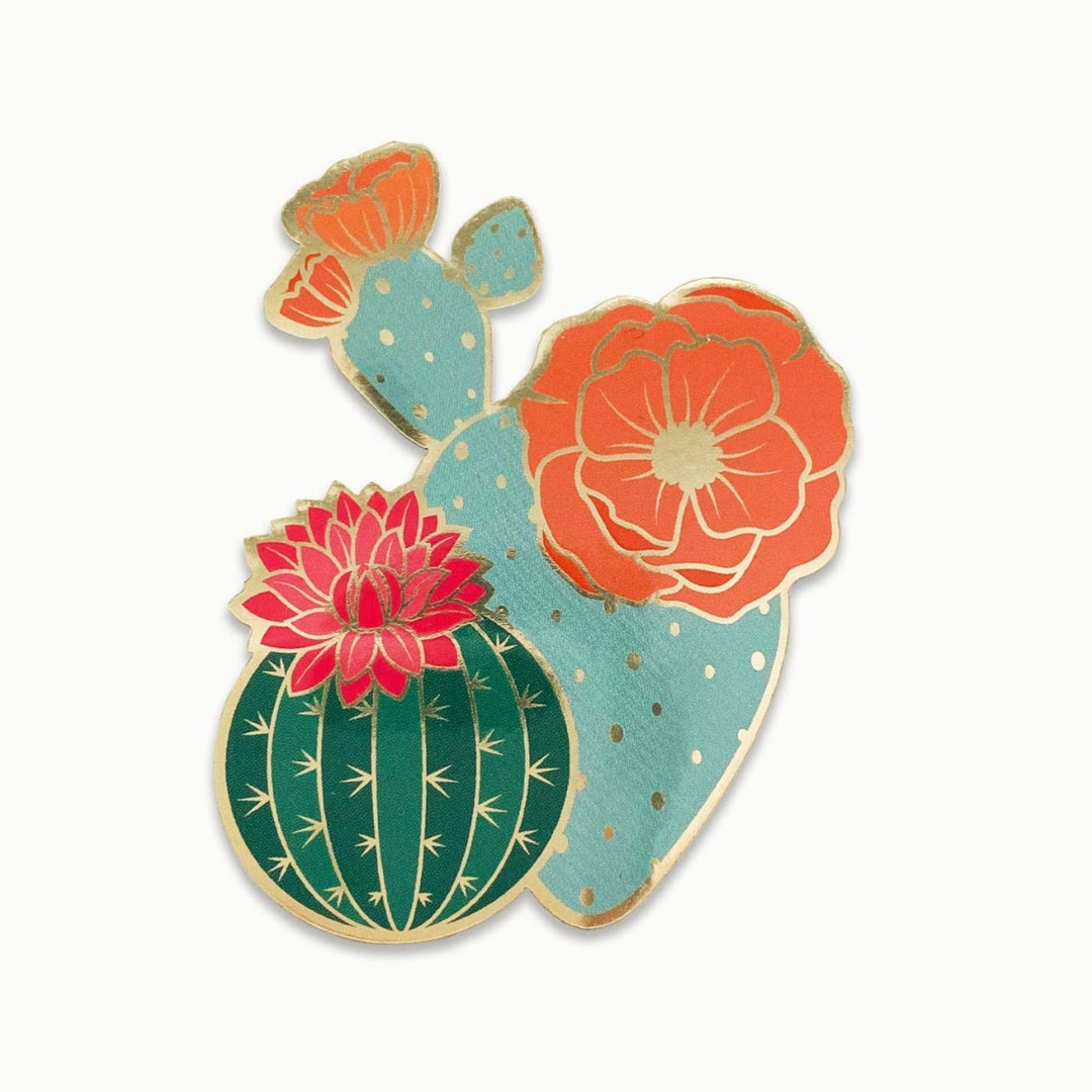 Blooming Cacti Sticker | A colorful cactus sticker with green, turquoise, pink, and orange. Highlighted with gold accents.