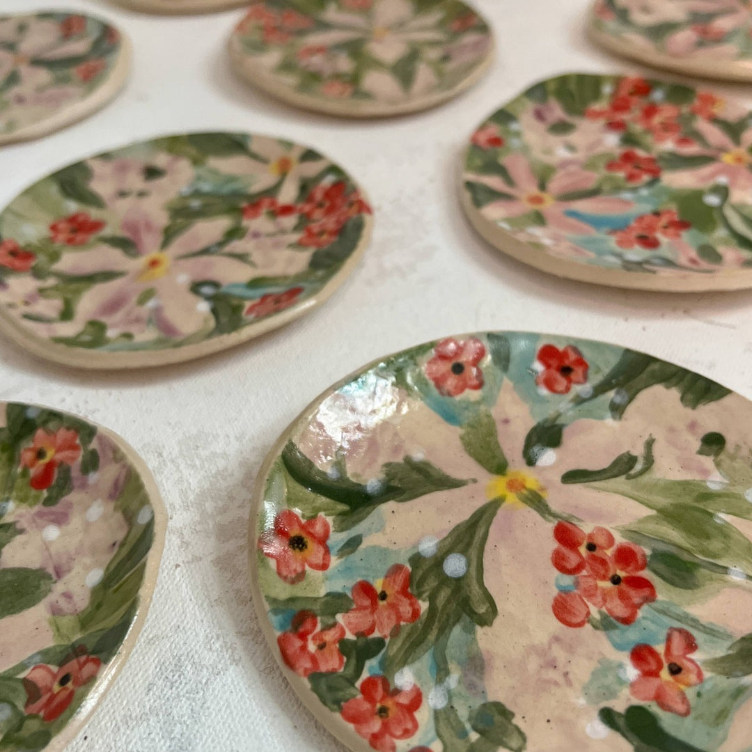 Andrea Durfee | Petite Floral Dishes | Close up on the handpainted ceramic dishes.