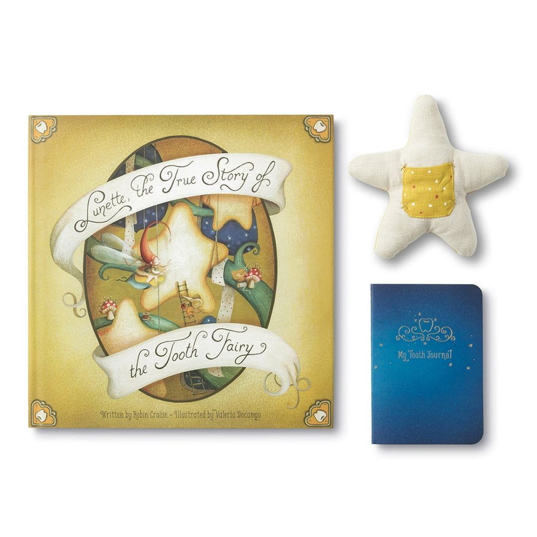 Compendium | "The Tooth Fairy Kit" Book | Photo of the book "Lunette, the true store of the tooth fairy, written by Robin Cruise - Illustrated by Valeria Docampo", A star plush with a little pocket, and a tooth journal.