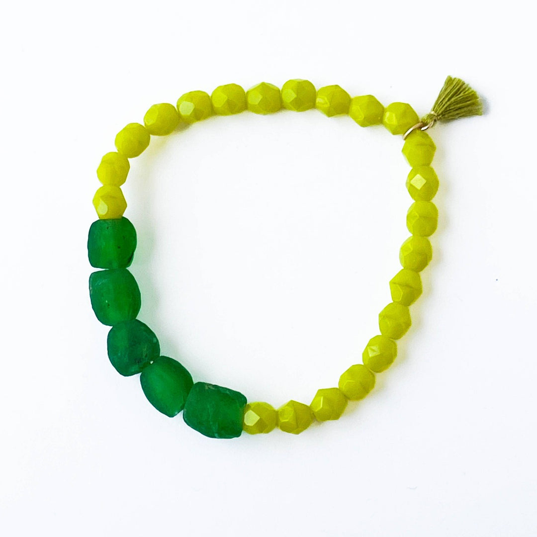 Nest Pretty Things | Recycled African Glass And Mixed Bead Bracelet | Green and lime green.