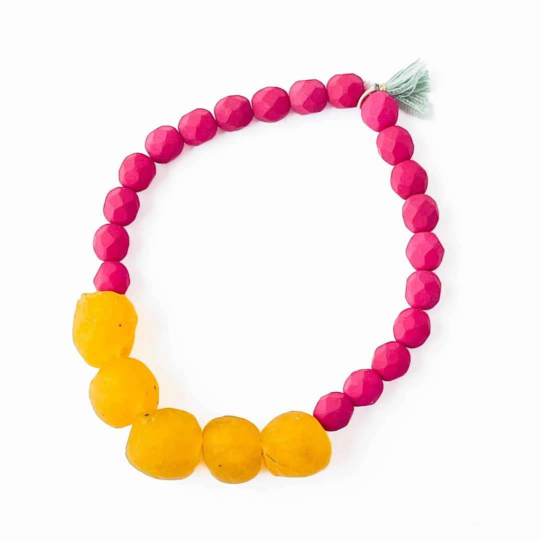 Nest Pretty Things | Recycled African Glass And Mixed Bead Bracelet | Magenta and yellow.