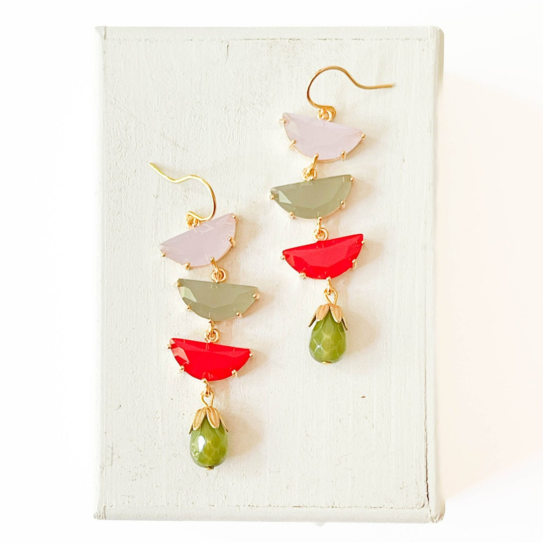 Nest Pretty Things | Long Colorful Half Moon Earrings | Pink, Green, and Red earrings with gold accents