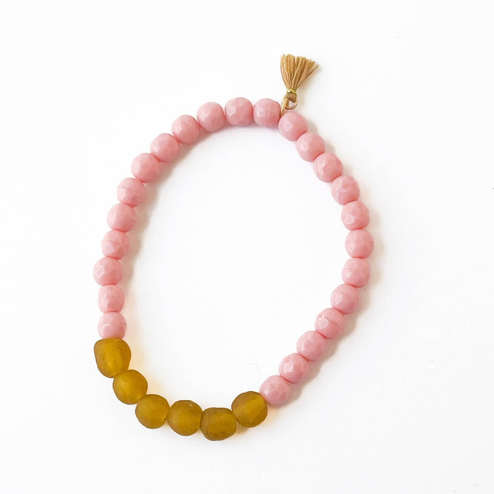 Nest Pretty Things | Recycled African Glass And Mixed Bead Bracelet | Pink and olive green.