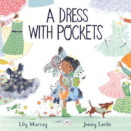 Book cover of 'A Dress with Pockets' featuring illustrations of a girl and dresses.