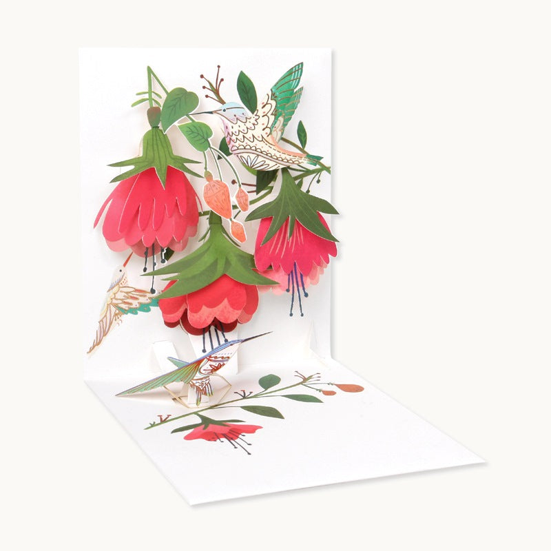 UWP Luxe | Hummingbird Birthday | A pink and green pop up paper design on a white card. The design shown is hummingbirds and flowers.