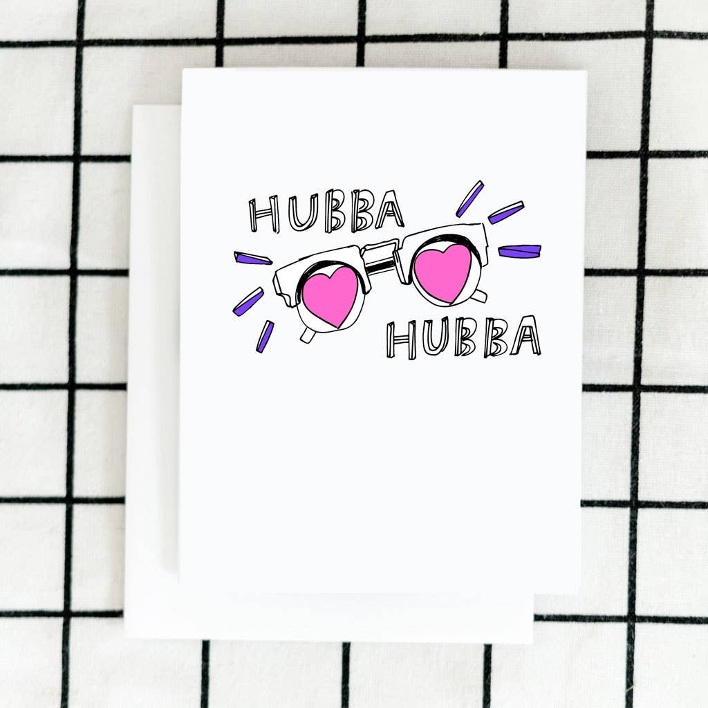 ARTJADEN | Hubba hubba pink heart sunglasses greeting card.