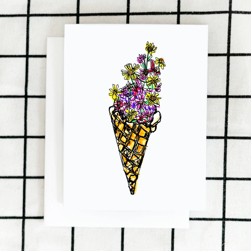 ARTJADEN | Ice Cream Floral Greeting Card | A waffle cone with a wildflower floral arrangement create in it.