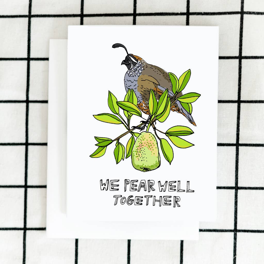 ARTJADEN | "We Pear Well Together" A quail on a branch with a pear.