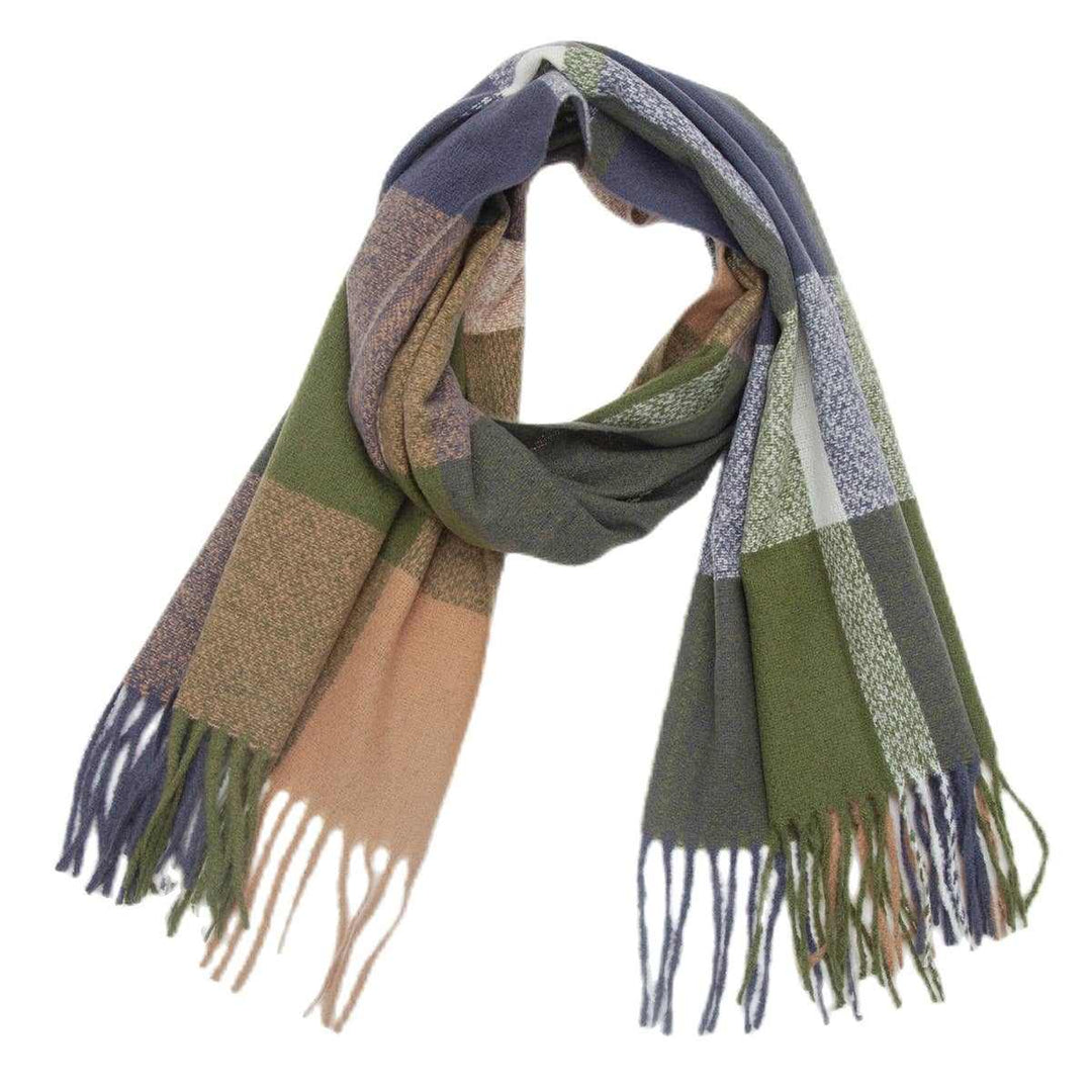 Accity | PLAID PATTERN COLORBLOCK FRINGE TRIM SCARF: GREEN