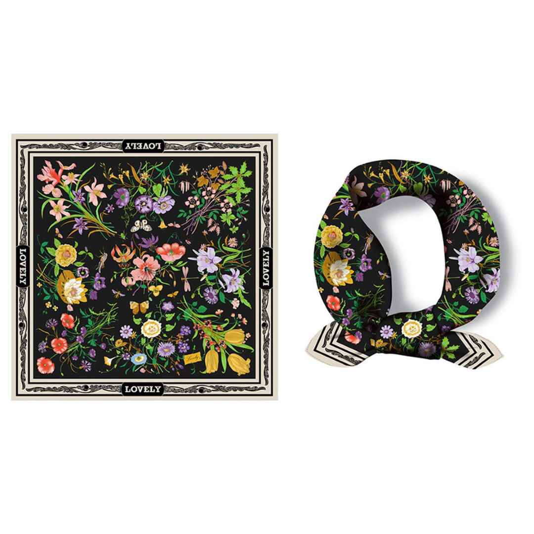 Accity | Fresh Floral Neck Scarf | Black background with a colorful floral pattern.