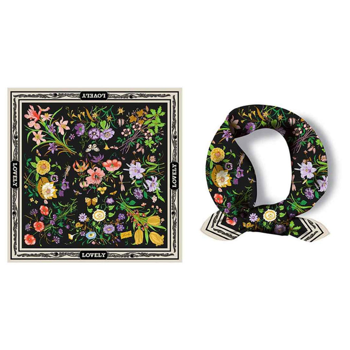 Accity | Fresh Floral Neck Scarf | Black background with a colorful floral pattern.