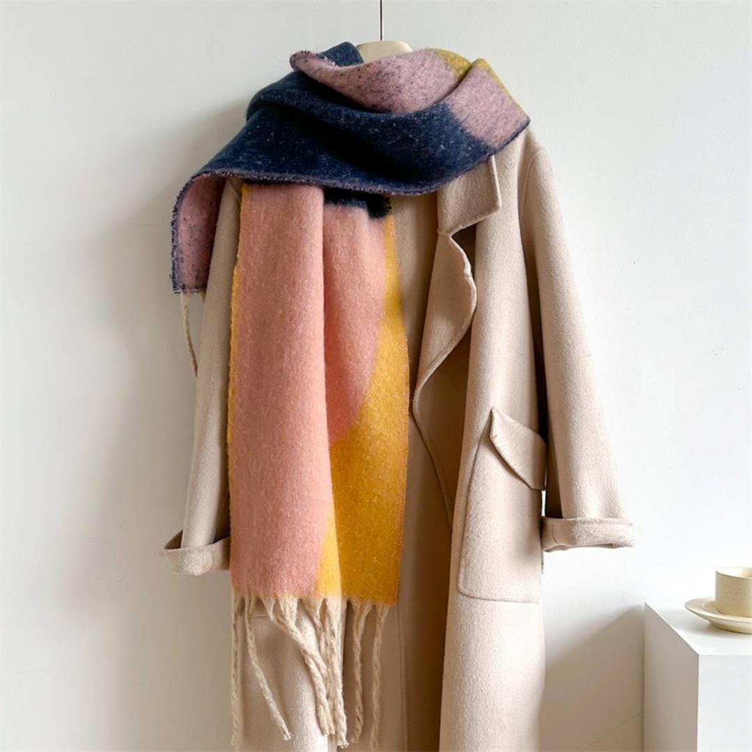 Accity | Geometric Color Block Scarf | Pink, yellow, and navy blue scarf.