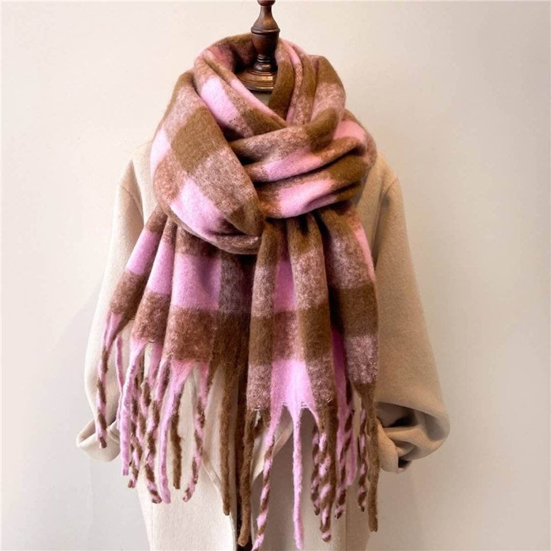 Accity | Maillard Plaid Scarf | Coffee brown with pink.