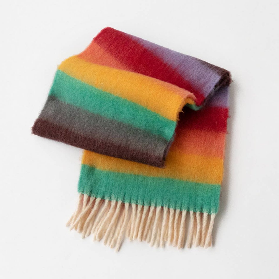 Accity | Maillard Plaid Scarf | A striped scarf with brown, gray, green, yellow, orange, red, and purple.