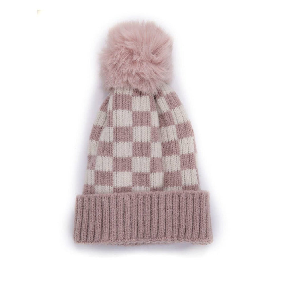 Accity | Knit pink checkered beanie with a fluffy pom pom.