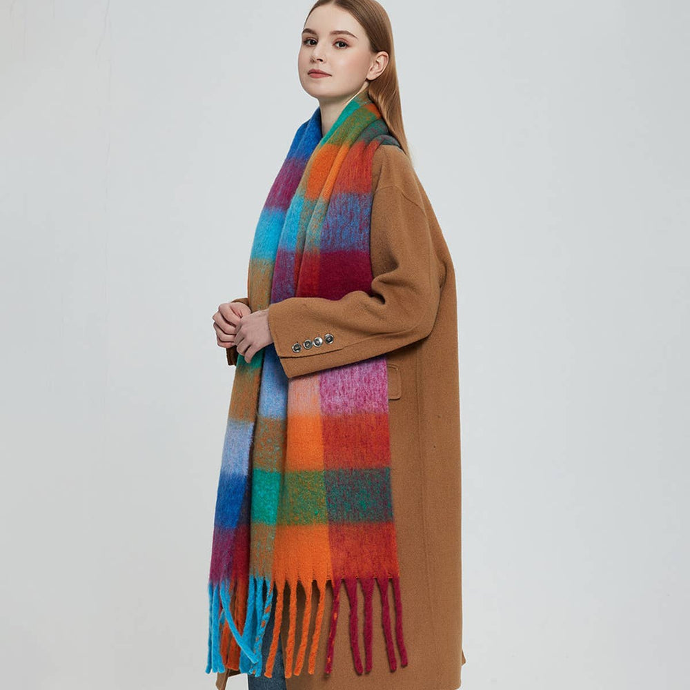 Accity | PLAID PATTERN FRINGE TRIM WINTER SCARF | Colorful scarf on a model for scale.