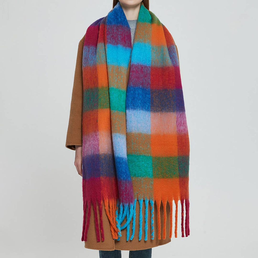 Accity | PLAID PATTERN FRINGE TRIM WINTER SCARF | Colorful Scarf on a model for scale reference.