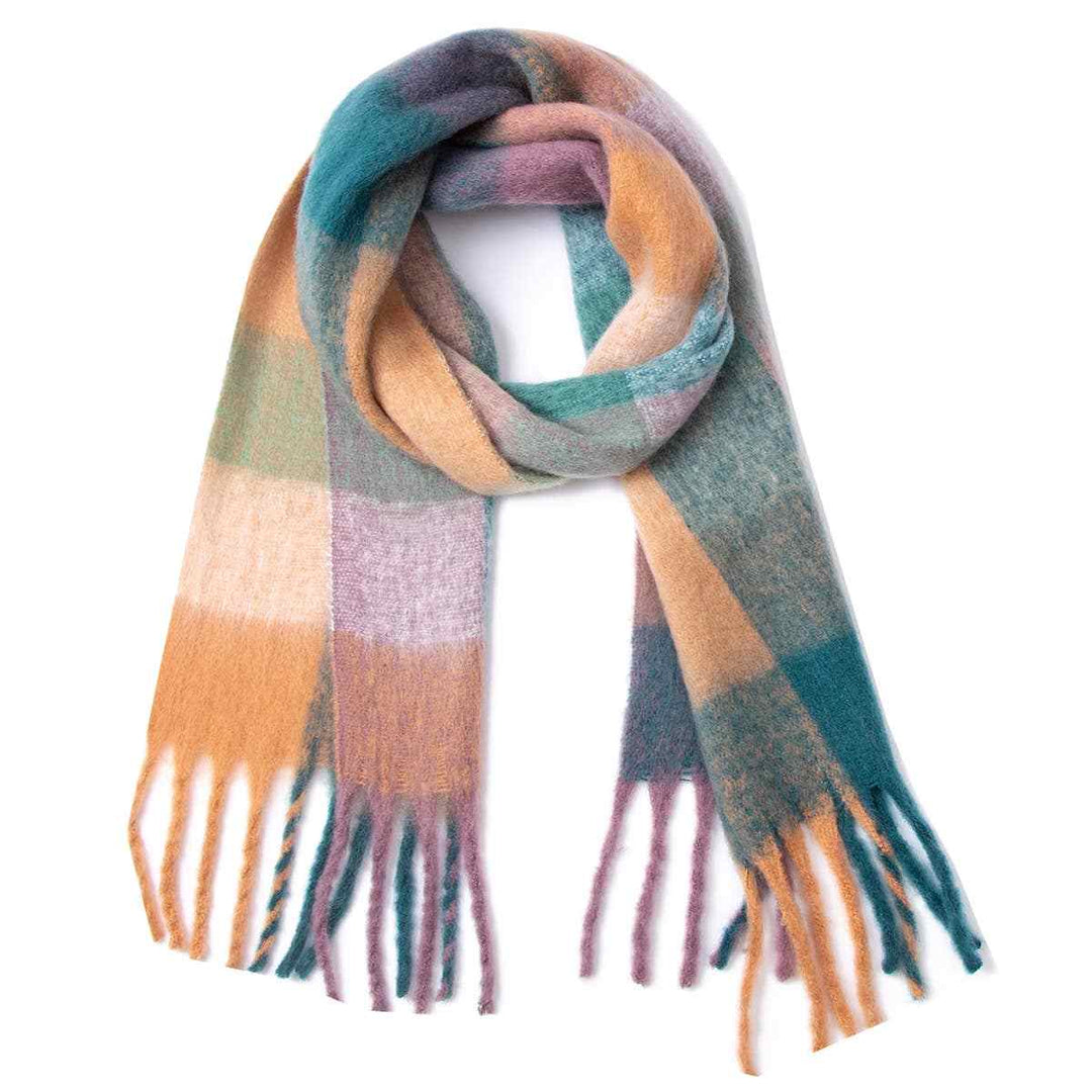 Accity | PLAID PATTERN FRINGE TRIM WINTER SCARF: GREEN | A multicolor plaid checked scarf with orange, yellow, green, blue, and purple.